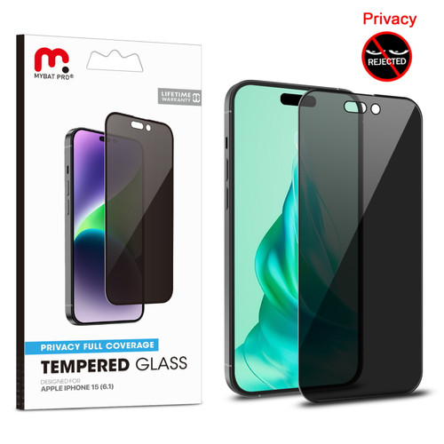 MyBat Pro Privacy Full Coverage Tempered Glass Screen Protector for Apple iPhone 15 - Black