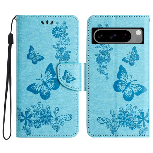 Google Pixel 8 Butterfly Embossed Flip Leather Phone Case - Blue