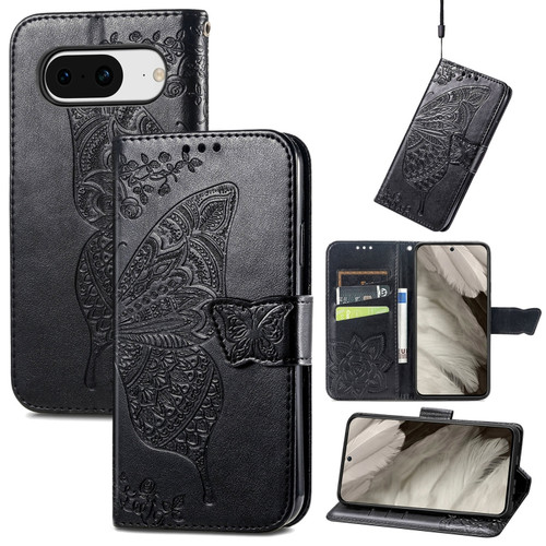 Google Pixel 8 Butterfly Love Flower Embossed Leather Phone Case - Black