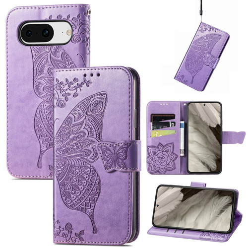 Google Pixel 8 Butterfly Love Flower Embossed Leather Phone Case - Light Purple