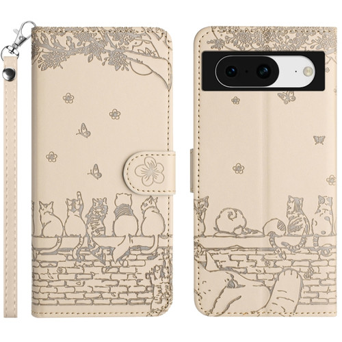Google Pixel 8 Cat Embossing Pattern Leather Phone Case with Lanyard - Beige