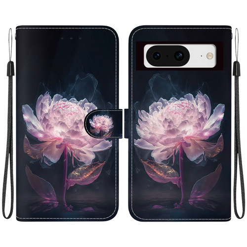 Google Pixel 8 Crystal Texture Colored Drawing Leather Phone Case - Purple Peony