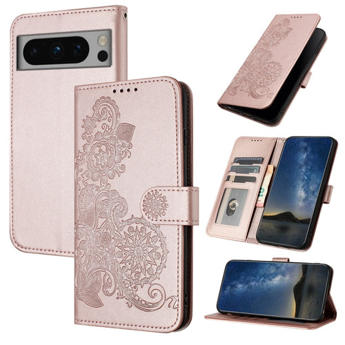 Google Pixel 8 Datura Flower Embossed Flip Leather Phone Case - Rose Gold