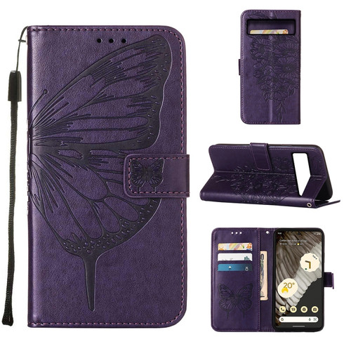 Google Pixel 8 Embossed Butterfly Leather Phone Case - Dark Purple