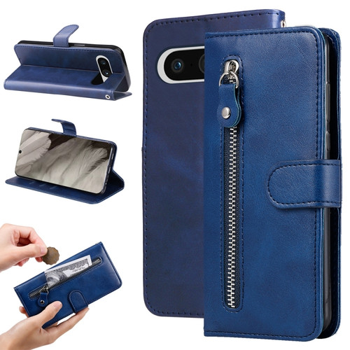 Google Pixel 8 Fashion Calf Texture Zipper Leather Phone Case - Blue