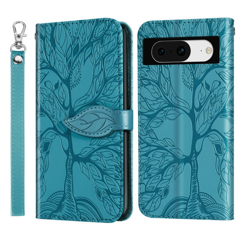 Google Pixel 8 Life Tree Embossing Pattern Flip Leather Phone Case - Blue