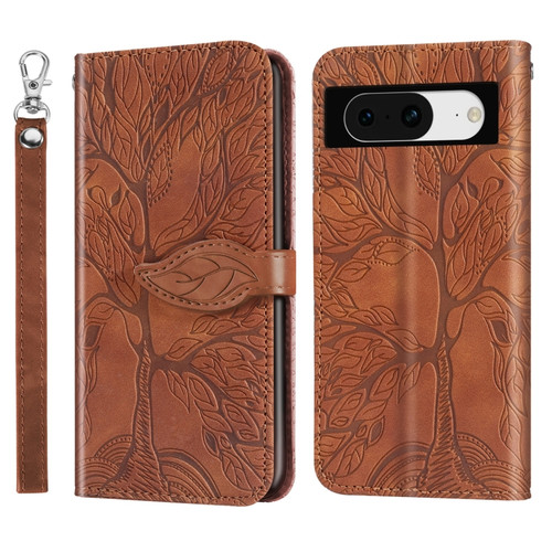 Google Pixel 8 Life Tree Embossing Pattern Flip Leather Phone Case - Brown