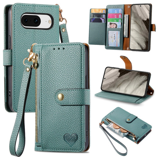 Google Pixel 8 Love Zipper Lanyard Leather Phone Case - Green