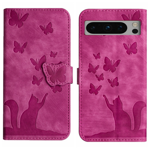 Google Pixel 8 Pro Butterfly Cat Embossing Flip Leather Phone Case - Pink