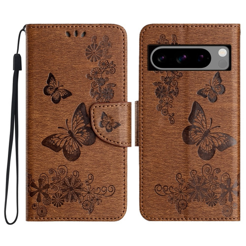 Google Pixel 8 Pro Butterfly Embossed Flip Leather Phone Case - Brown