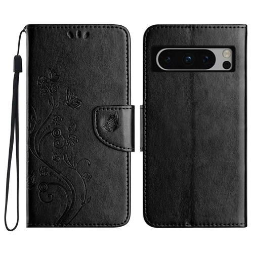 Google Pixel 8 Pro Butterfly Flower Pattern Flip Leather Phone Case - Black