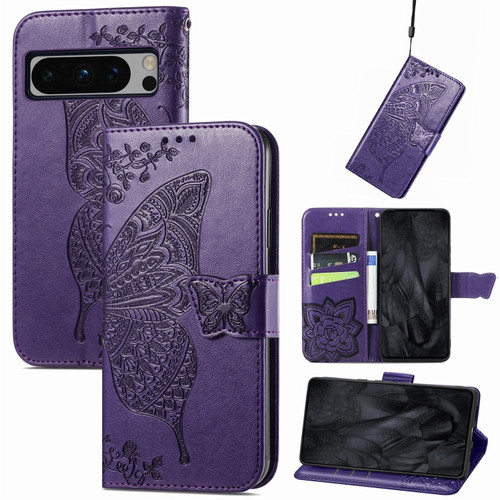 Google Pixel 8 Pro Butterfly Love Flower Embossed Leather Phone Case - Dark Purple