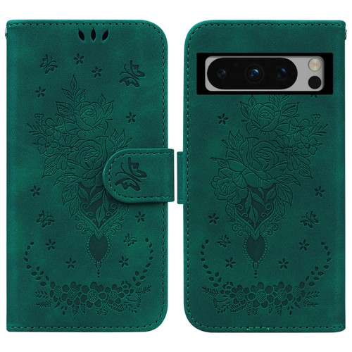 Google Pixel 8 Pro Butterfly Rose Embossed Leather Phone Case - Green