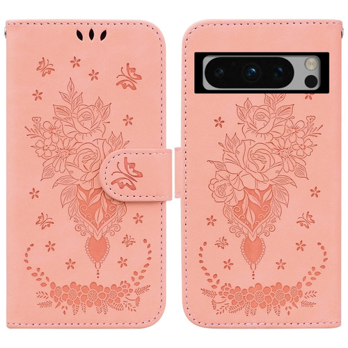 Google Pixel 8 Pro Butterfly Rose Embossed Leather Phone Case - Pink