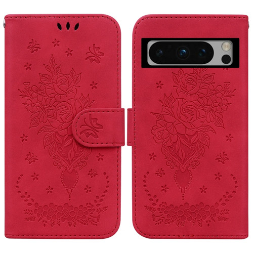 Google Pixel 8 Pro Butterfly Rose Embossed Leather Phone Case - Red