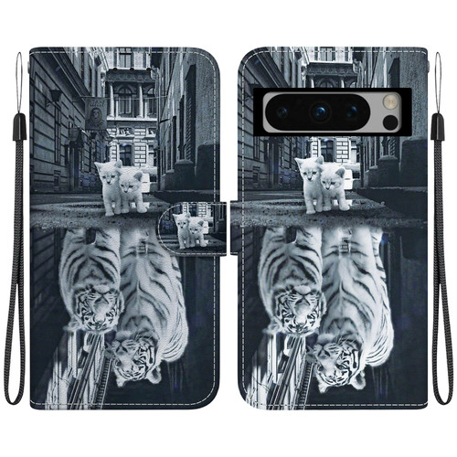 Google Pixel 8 Pro Crystal Texture Colored Drawing Leather Phone Case - Cat Tiger Reflection