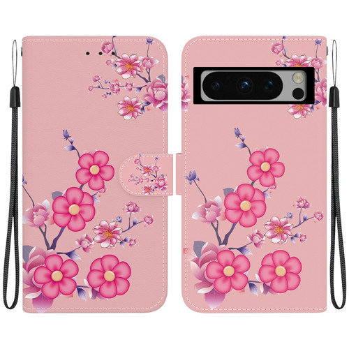 Google Pixel 8 Pro Crystal Texture Colored Drawing Leather Phone Case - Cherry Blossoms