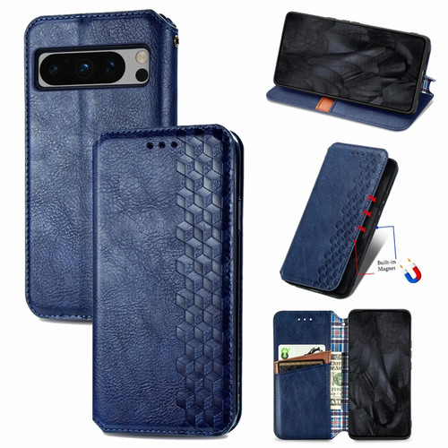 Google Pixel 8 Pro Cubic Grid Pressed Magnetic Leather Phone Case - Blue