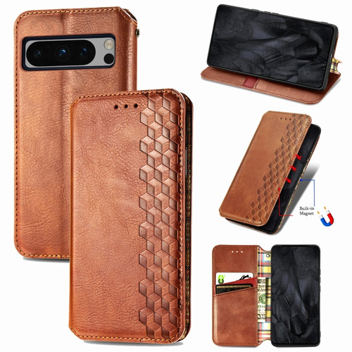 Google Pixel 8 Pro Cubic Grid Pressed Magnetic Leather Phone Case - Brown
