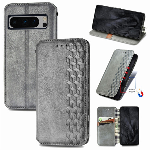 Google Pixel 8 Pro Cubic Grid Pressed Magnetic Leather Phone Case - Gray