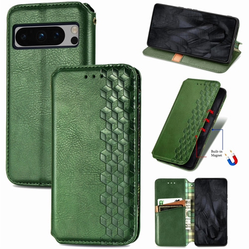 Google Pixel 8 Pro Cubic Grid Pressed Magnetic Leather Phone Case - Green