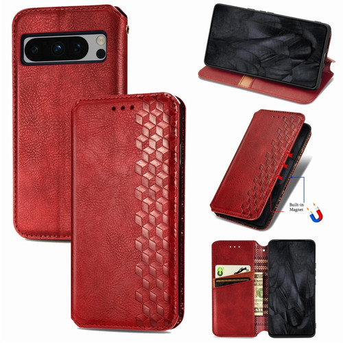 Google Pixel 8 Pro Cubic Grid Pressed Magnetic Leather Phone Case - Red