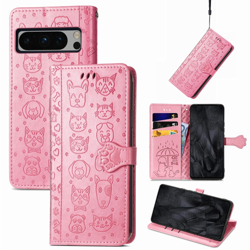 Google Pixel 8 Pro Cute Cat and Dog Embossed Leather Phone Case - Pink