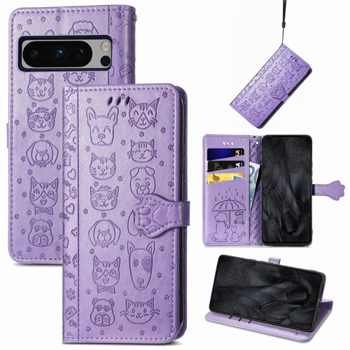Google Pixel 8 Pro Cute Cat and Dog Embossed Leather Phone Case - Purple