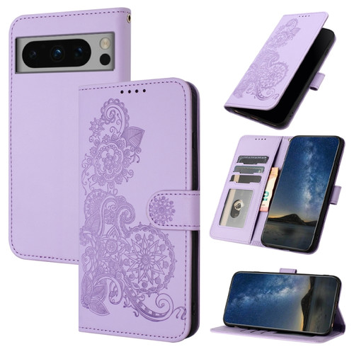 Google Pixel 8 Pro Datura Flower Embossed Flip Leather Phone Case - Purple