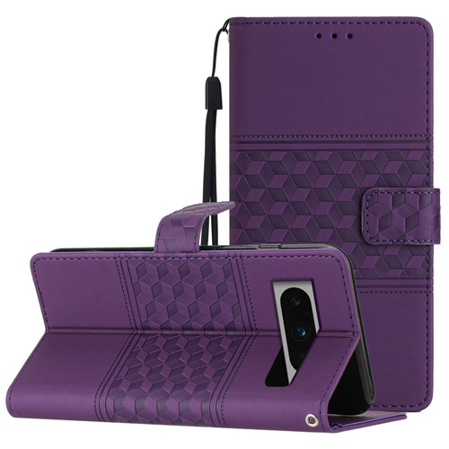 Google Pixel 8 Pro Diamond Embossed Skin Feel Leather Phone Case with Lanyard - Purple