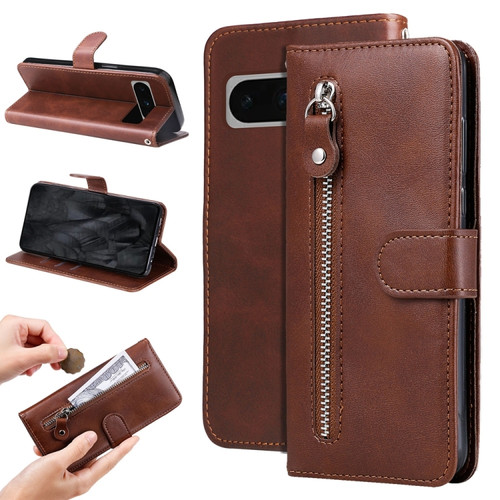 Google Pixel 8 Pro Fashion Calf Texture Zipper Leather Phone Case - Brown