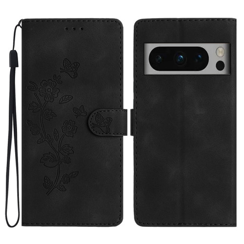 Google Pixel 8 Pro Flower Butterfly Embossing Pattern Leather Phone Case - Black