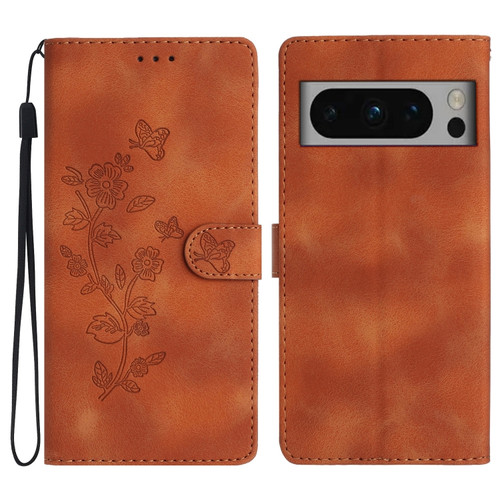 Google Pixel 8 Pro Flower Butterfly Embossing Pattern Leather Phone Case - Brown