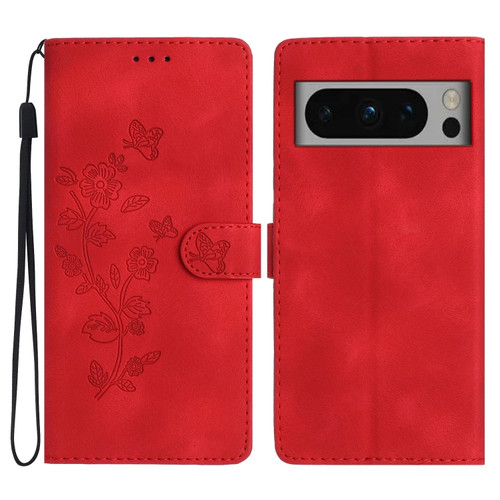 Google Pixel 8 Pro Flower Butterfly Embossing Pattern Leather Phone Case - Red