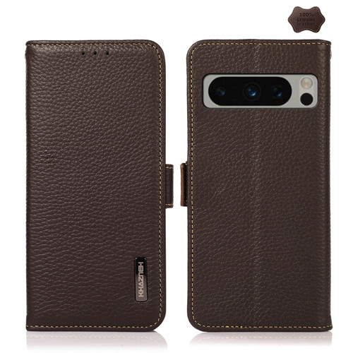 Google Pixel 8 Pro KHAZNEH Side-Magnetic Litchi Genuine Leather RFID Phone Case - Brown