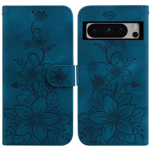 Google Pixel 8 Pro Lily Embossed Leather Phone Case - Dark Blue