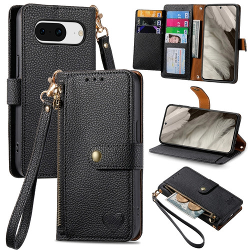 Google Pixel 8 Pro Love Zipper Lanyard Leather Phone Case - Black