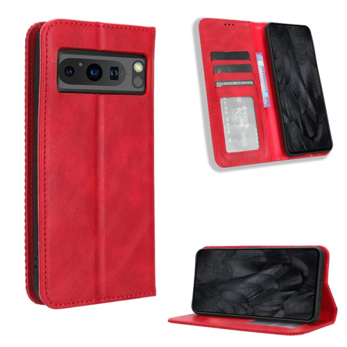 Google Pixel 8 Pro Magnetic Buckle Retro Texture Leather Phone Case - Red