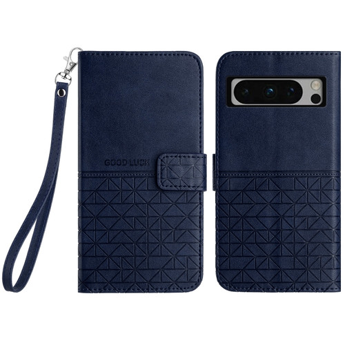 Google Pixel 8 Pro Rhombic Texture Leather Phone Case with Lanyard - Blue