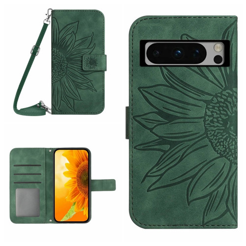 Google Pixel 8 Pro Skin Feel Sun Flower Embossed Flip Leather Phone Case with Lanyard - Green