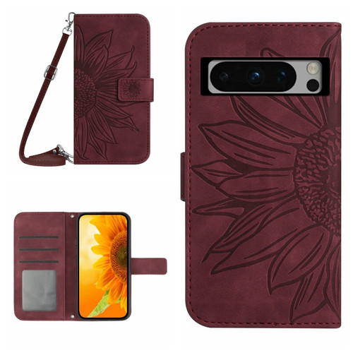 Google Pixel 8 Pro Skin Feel Sun Flower Embossed Flip Leather Phone Case with Lanyard - Wine Red