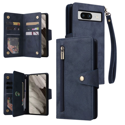 Google Pixel 8 Rivet Buckle 9 Cards Three Fold Leather Phone Case - Blue