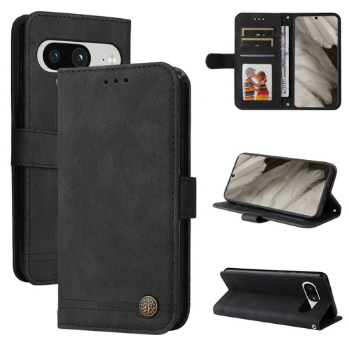 Google Pixel 8 Skin Feel Life Tree Metal Button Leather Phone Case - Black