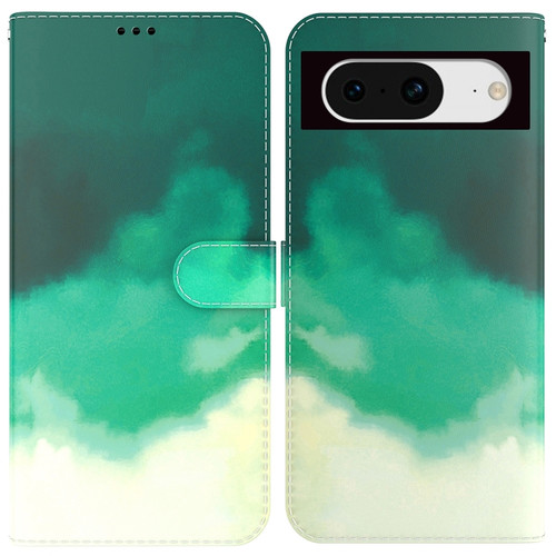 Google Pixel 8 Watercolor Pattern Flip Leather Phone Case - Cyan Green