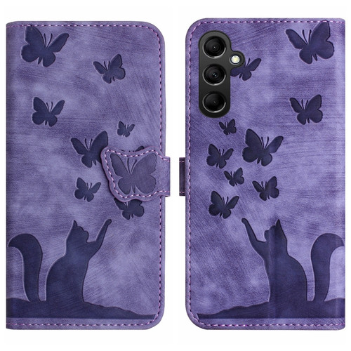 Samsung Galaxy A14 4G / 5G Butterfly Cat Embossing Flip Leather Phone Case - Purple