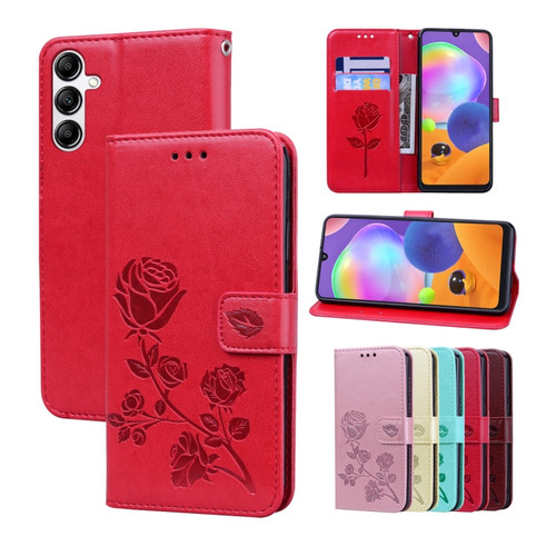 Samsung Galaxy A14 4G / 5G Rose Embossed Flip PU Leather Phone Case - Red