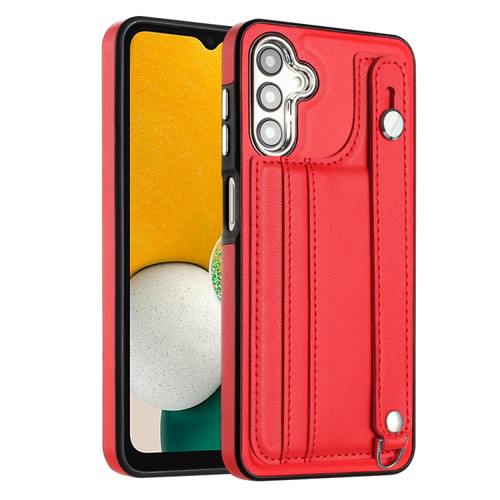 Samsung Galaxy A14 4G / A14 5G Shockproof Leather Phone Case with Wrist Strap - Red