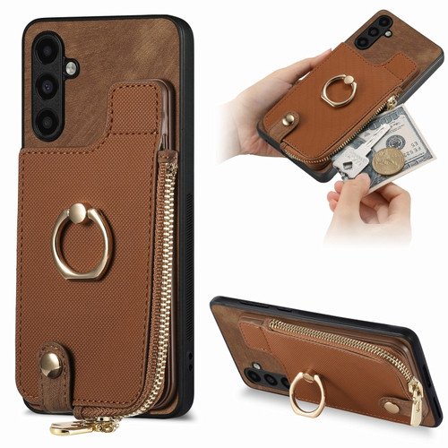 Samsung Galaxy A14 4G/5G Cross Leather Ring Vertical Zipper Wallet Back Phone Case - Brown