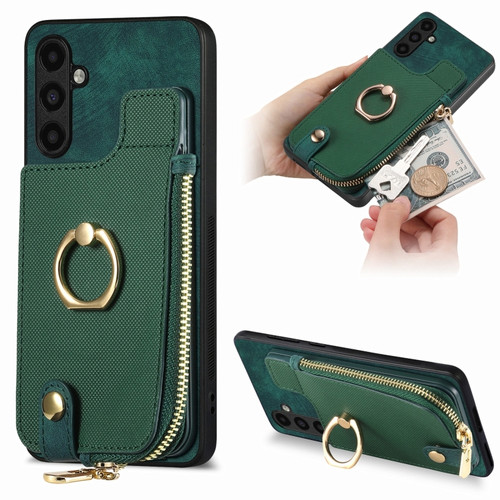 Samsung Galaxy A14 4G/5G Cross Leather Ring Vertical Zipper Wallet Back Phone Case - Green