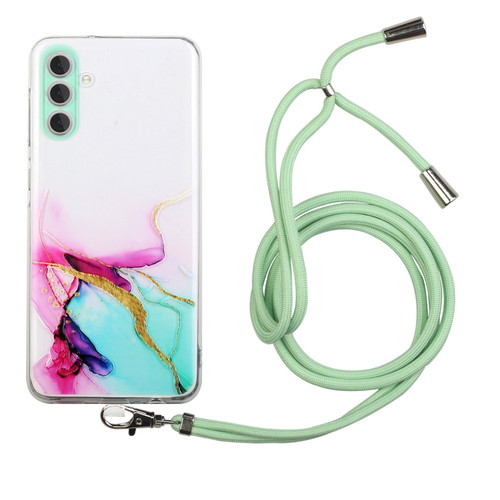 Samsung Galaxy A14 5G / 4G Hollow Marble Pattern TPU Phone Case with Neck Strap Rope - Green